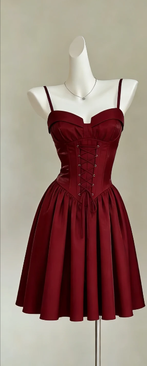 Spaghetti Strap Burgundy Satin Corset Dress Sweetheart Notch Neck Lace Up A-Line Short Prom Gown gh9470