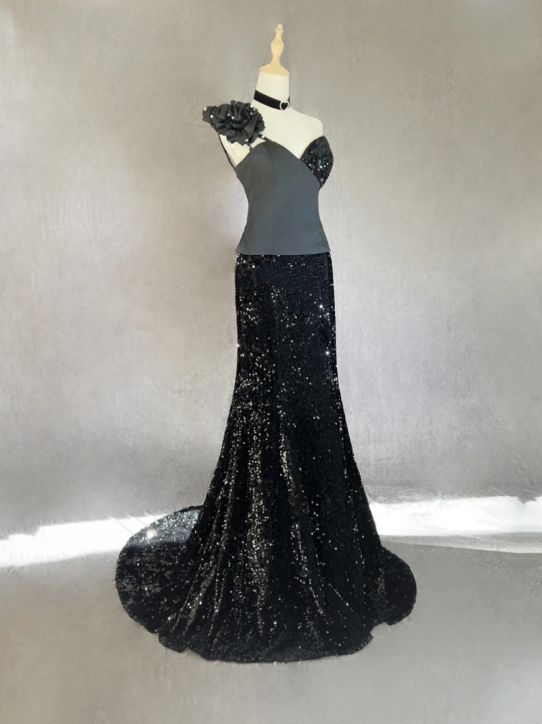 ✨Girlhomeshops-Black One Shoulder 3D Flower Sequin Mermaid Evening Gown gh10284