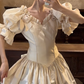 Light Beige Rococo Vintage Wedding Gown, V‑Neck Puff Short Sleeve 3D Fabric Rose Ruffled Satin A‑Line Bridal Dress gh9066