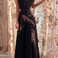 Black V-Neck Spaghetti Strap Long Evening Gown, Corset Bodice Floral Beaded Prom Dress gh9288