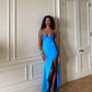 Blaues schlichtes, elegantes Ballkleid mit langem Schlitz aus Satin mit Spaghettiträgern, Abendkleid, Brautjungfernkleid gh3049