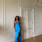 Blaues schlichtes, elegantes Ballkleid mit langem Schlitz aus Satin mit Spaghettiträgern, Abendkleid, Brautjungfernkleid gh3049