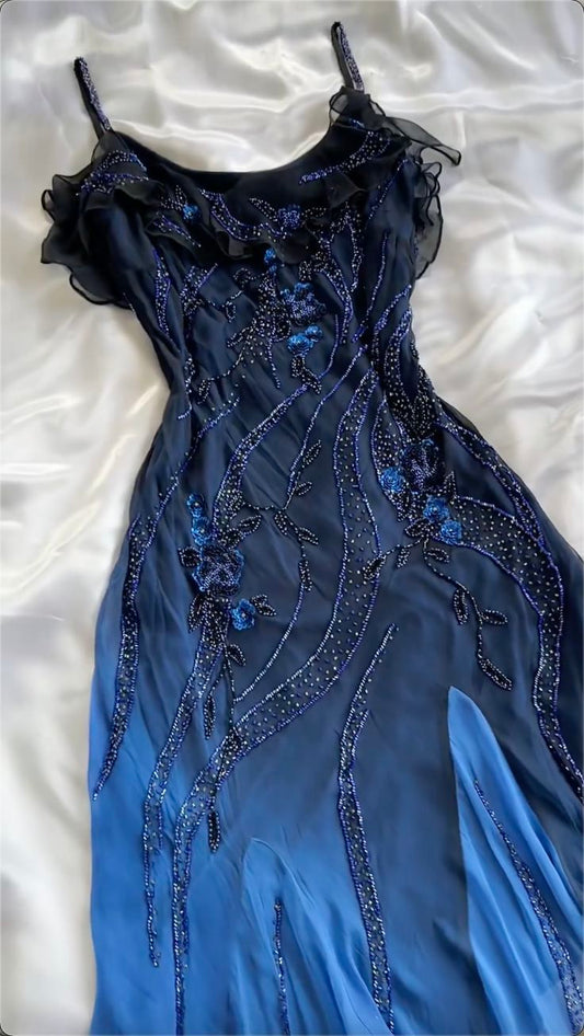 Robe de soirée élégante en tulle bleu marine, magnifique, exquise, à la mode, avec perles, charmante, longue, gh3183