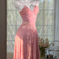 Light Pink V-Neck Spaghetti Straps Waist-Cinched Fitted Midi Evening Dress, Fairy Gown, Romantic Gown gh7436