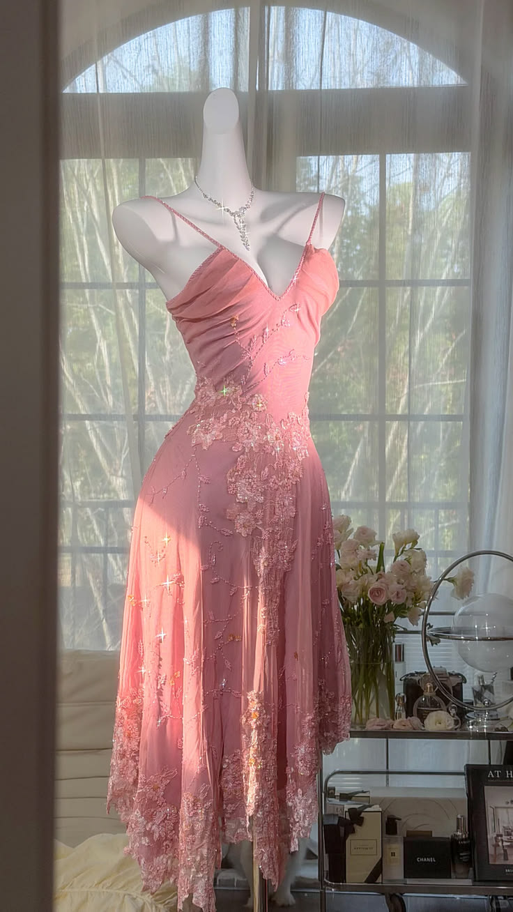 Light Pink V-Neck Spaghetti Straps Waist-Cinched Fitted Midi Evening Dress, Fairy Gown, Romantic Gown gh7436