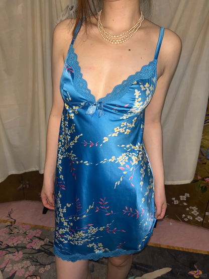 Blue Vintage Luxury Satin Spaghetti Strap Fitted Waist Prom & Evening Party Dress gh8427