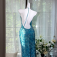 Turquoise Thin Halter Strap Sequin Midi Bodycon Evening Dress, Party Prom Gown gh9513