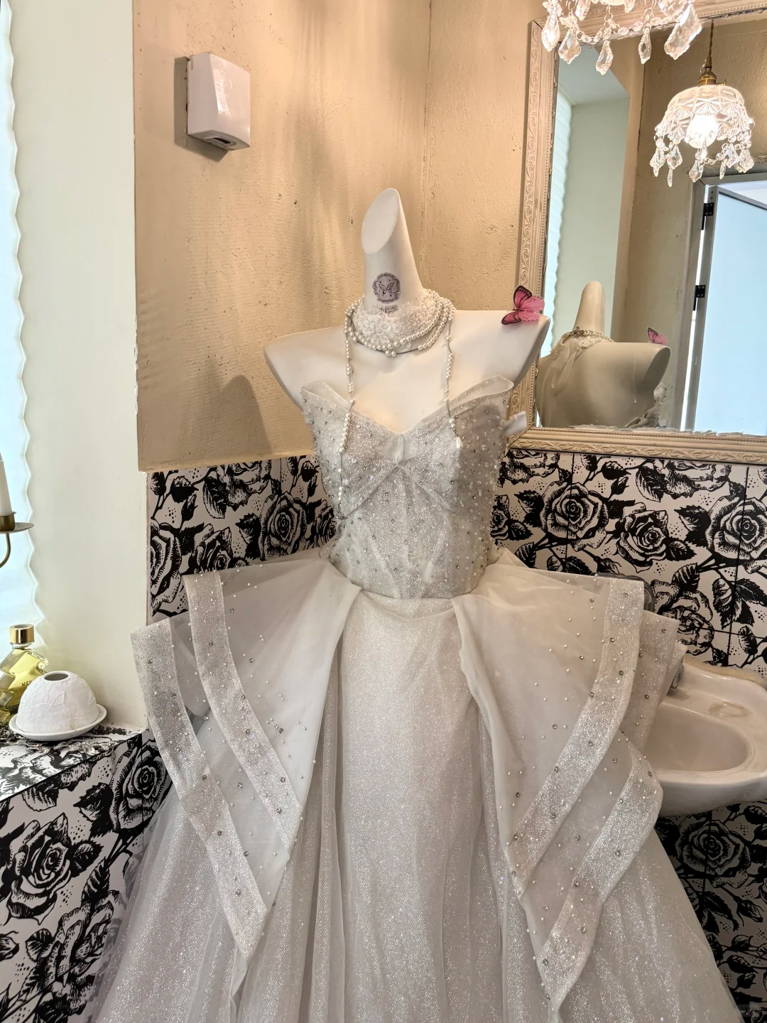 Ivory Strapless Waist-Cinched Rhinestone Puffy Long Skirt Romantic Dress, Wedding Gown gh7531