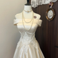 White Delicate Floral Applique Long Satin Ball Gown Evening Gown Wedding Dress gh4292