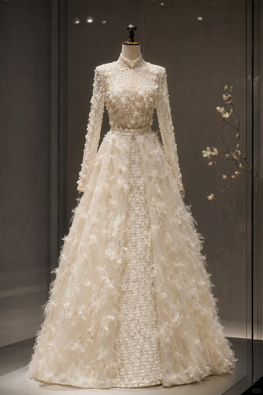 ✨Girlhomeshops-New Chinese High Neck Beaded Wedding Gown, 3D Petal A-Line Bridal Dress gh10342