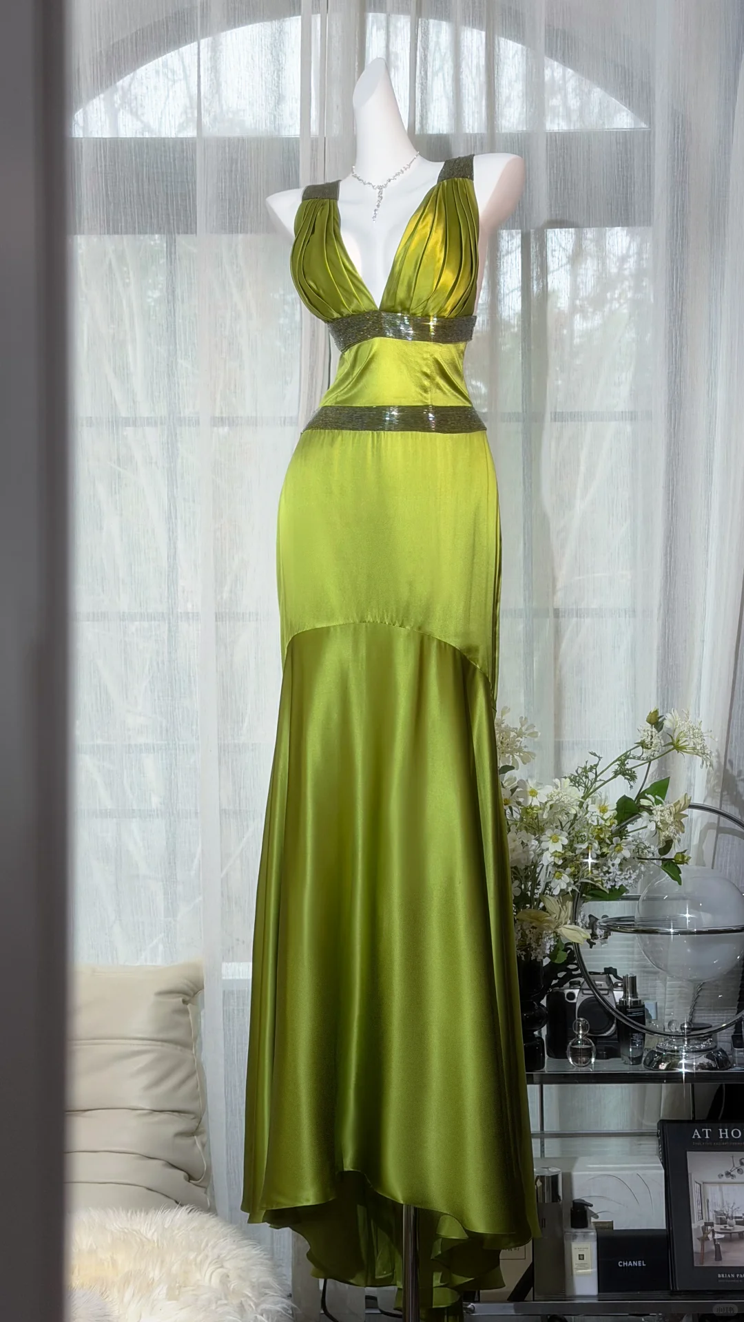 Olive Green Deep V Halter Satin Mermaid Long Evening Dress with Beaded Waistband, Prom Gown gh9531