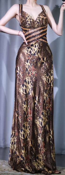 ✨Girlhomeshops-Leopard Print Long Evening Gown Wide Strap V Neck Satin Sequin gh10127