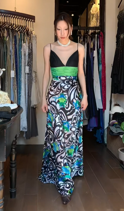 Spaghetti Straps V Neck Color Block Satin A Line Long Evening Prom Dress with Floral Swirl Print Skirt gh9766