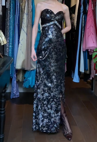 Black Vintage Prom Dress Strapless Sweetheart Silver Sequin Bodycon Front Slit Rhinestone Waist Long Evening Gown gh9611