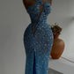 Blue gorgeous sexy sequins elegant long slit mermaid slim floor-length ball gown evening dress party dress gh3389