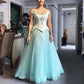 Robe de soirée longue en tulle bleu clair, style vintage, exquise, bretelles spaghetti, perles, pour bal de fin d'année, gh3668