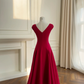 Burgundy Square Neck Cap Sleeve Midi Evening Gown, Fitted Waist, Full A‑Line Swing Skirt, Matte Crepe Formal Party Prom Dress gh8922