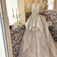 Silver Gray Puff Sleeve Waist-Cinched Voluminous Princess Skirt Long Romantic Dress, Wedding Gown gh7705
