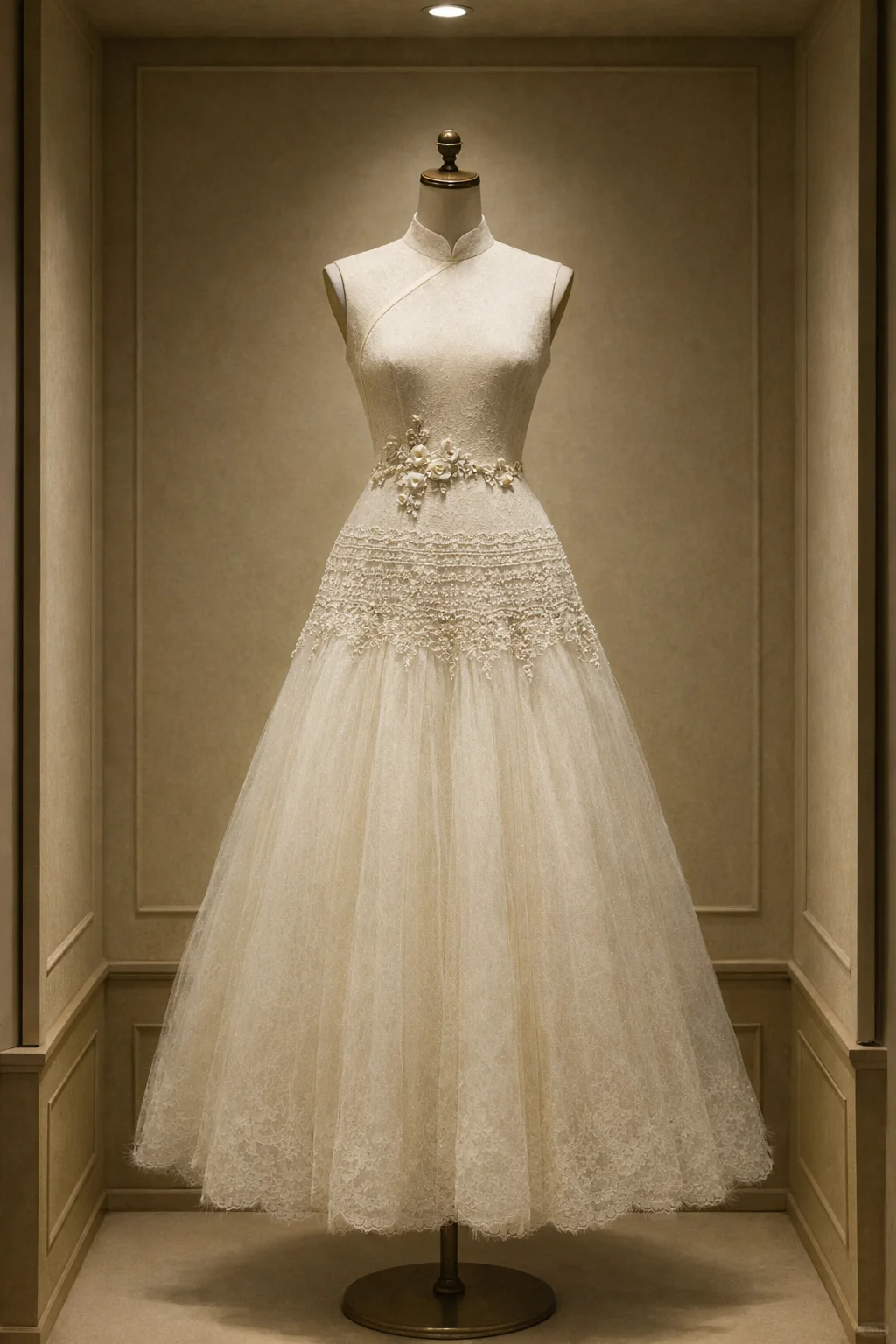 ✨Girlhomeshops-Ivory Sleeveless Qipao Lace A-Line Midi Wedding Dress with 3D Floral gh10523