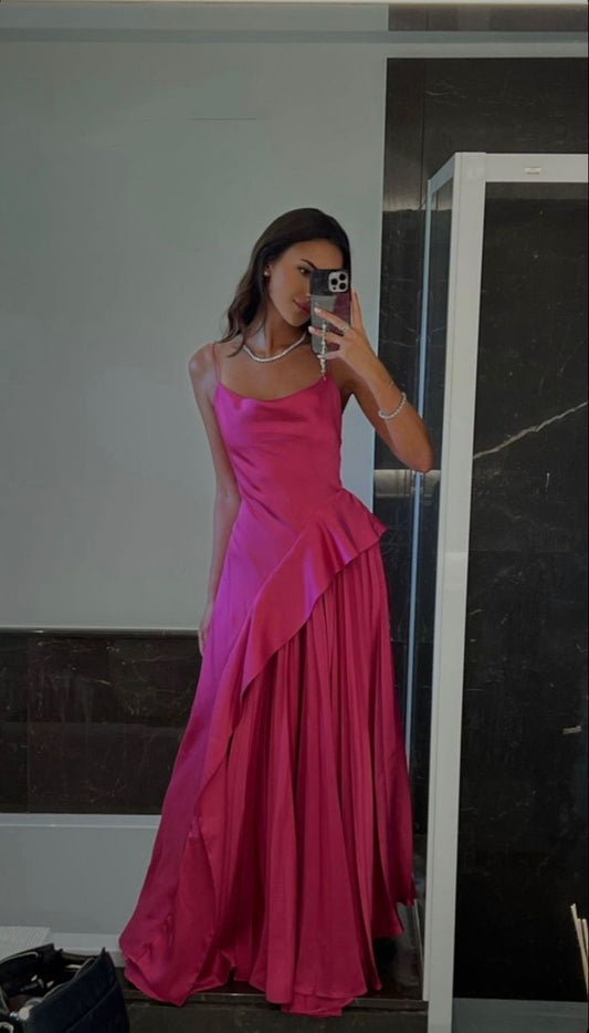 Robe de soirée longue élégante à bretelles spaghetti rose gh3047