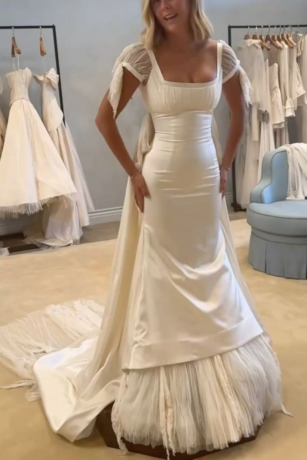 robe de bal/robe de mariée/robe de mariée longue en tulle satin blanc à manches courtes girlhomeshops gh6271