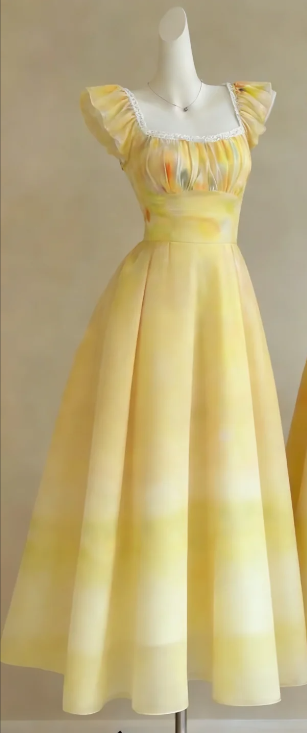 Square Neck Yellow Chiffon Homecoming Dress Ruffle Cap Sleeves Watercolor Print A-Line Midi Formal Gown gh9483