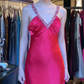 Halter Burgundy Satin Evening Gown Rhinestone V Neck Ruched A-Line Long Prom Dress gh9702