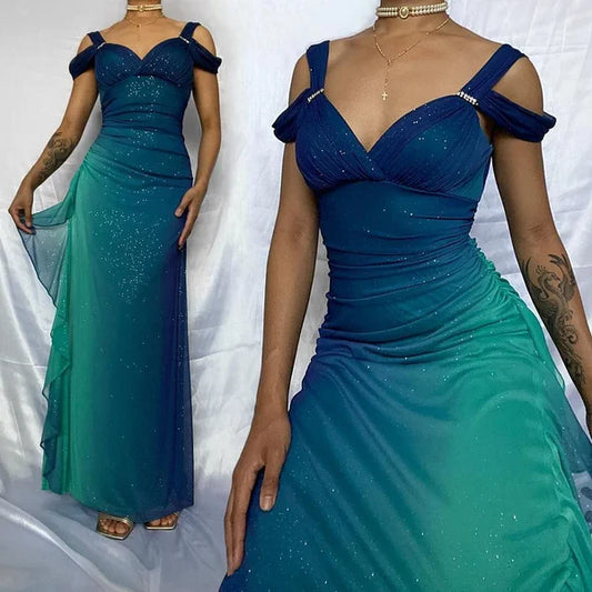 Robe de soirée élégante en mousseline de soie, longue, brillante, dégradé de mode, bretelles spaghetti, robe de bal élégante, robe de soirée gh3492