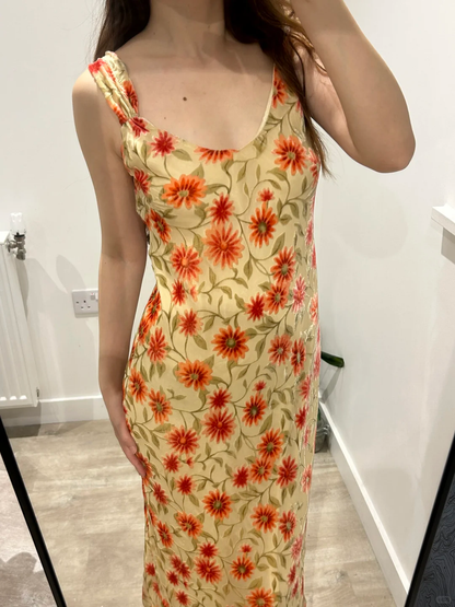 Light Yellow Vintage Small Sun Print Spaghetti Strap Fitted Waist Slim Long Prom & Evening Party Dress gh8445