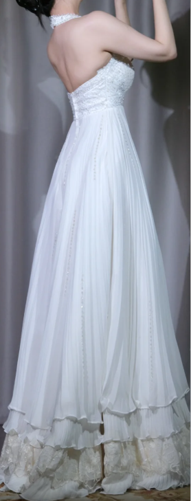 ✨Girlhomeshops-White Halter Bridal Gown Square Neck Hand Beaded Pleated Chiffon A Line Wedding Dress gh10078