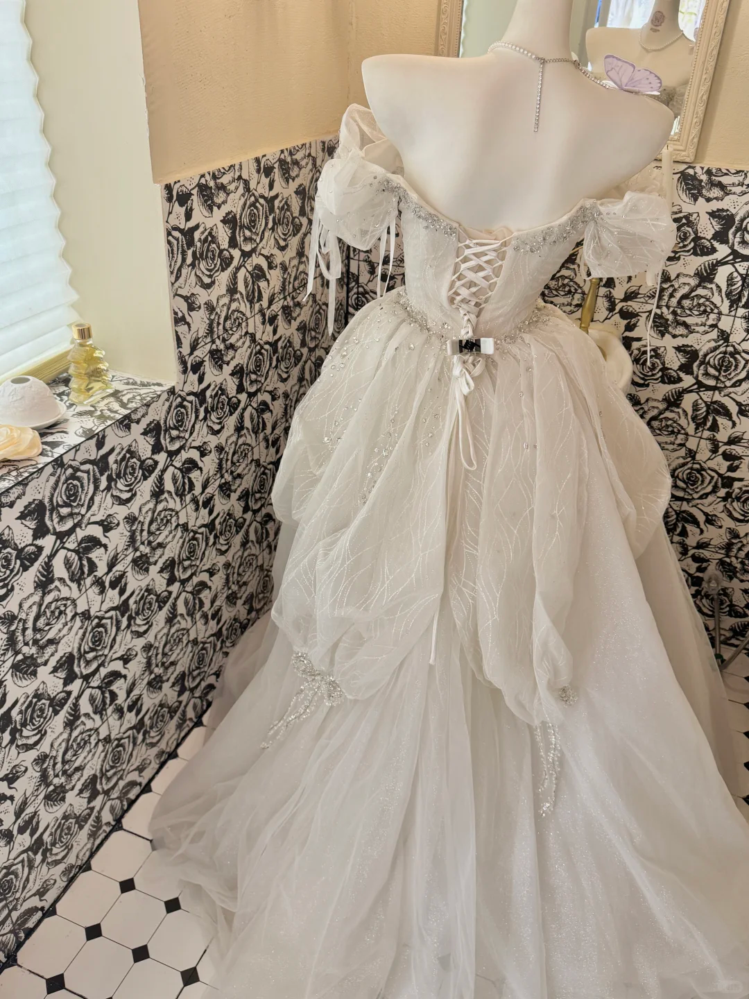 Ivory Off-the-Shoulder Cinched Waist Rhinestone Voluminous Skirt Long Romantic Dress, Wedding Gown gh7806