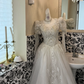Ivory Rhombus Rhinestone Puff Sleeve Waist-Cinched Full Flared Romantic Dress, Wedding Gown gh7524