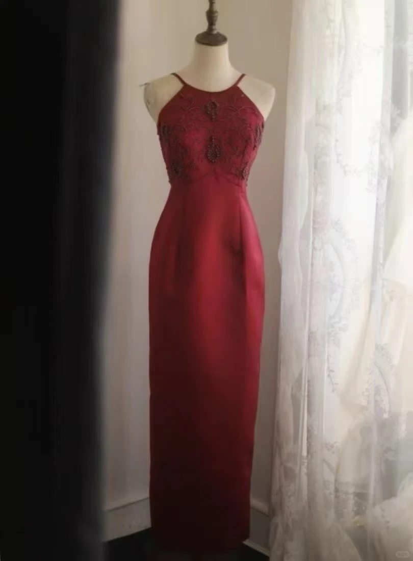 Burgundy Halter Long Evening Gown, Beaded Lace Embroidered Bodice Satin Fitted Sheath Formal Party Dress gh9115