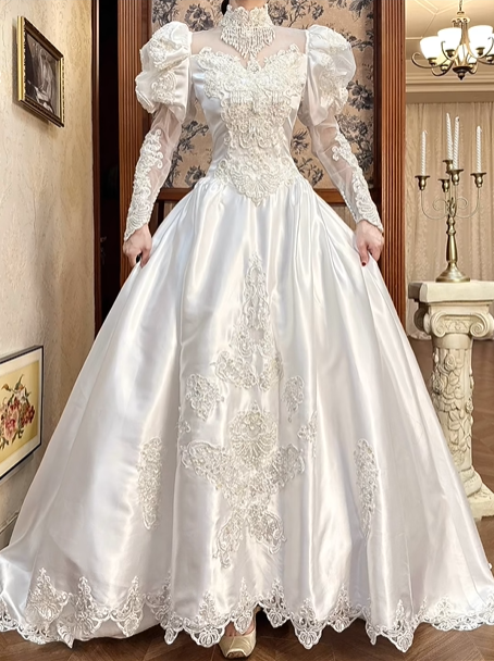 White Vintage Satin Wedding Ball Gown, Tassel Illusion High Neck Over Sweetheart Neck, Puff Long Sleeves With Lace Sheer Arms, Heavy Lace Beaded Appliqué Pointed Waist, A‑Line Long Skirt With Scalloped Lace Hem, Prom Dress gh8648