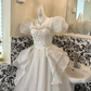 Ivory Puff Sleeve Waist-Cinched Voluminous Skirt Long Romantic Dress, Wedding Gown gh7698