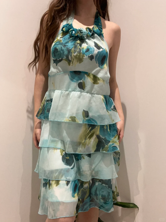 Light Teal Vintage Luxury Printed Halter Prom & Evening Party Dress gh8444
