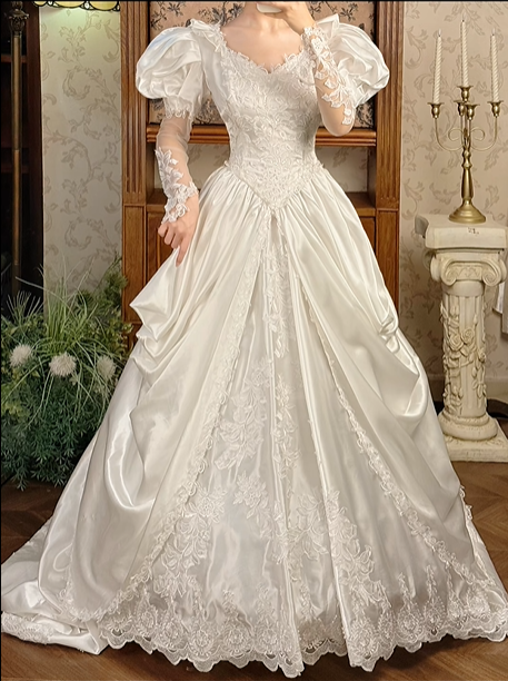 Off‑White Long Puff Sleeve Lace Fitted Waist Figure‑Flattering Full Flared Skirt Long Vintage Prom Gown, Wedding Dress gh8603