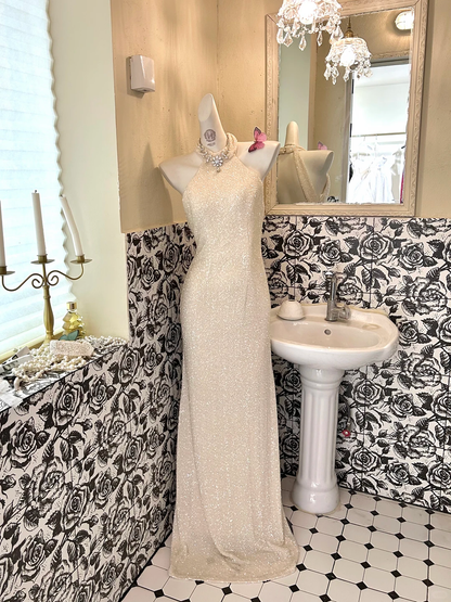 Ivory Sleeveless Halter Waist-Cinched Straight Skirt Elegant Romantic Dress, Wedding Gown gh7613