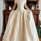 Light Cream Beige Vintage Off‑the‑Shoulder 3D Fabric Floral Short Sleeve Pointed Fitted Waist Full Flared Train Long Prom Gown, Wedding Dress gh8617