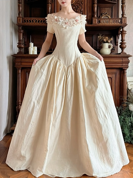 Light Cream Beige Vintage Off‑the‑Shoulder 3D Fabric Floral Short Sleeve Pointed Fitted Waist Full Flared Train Long Prom Gown, Wedding Dress gh8617