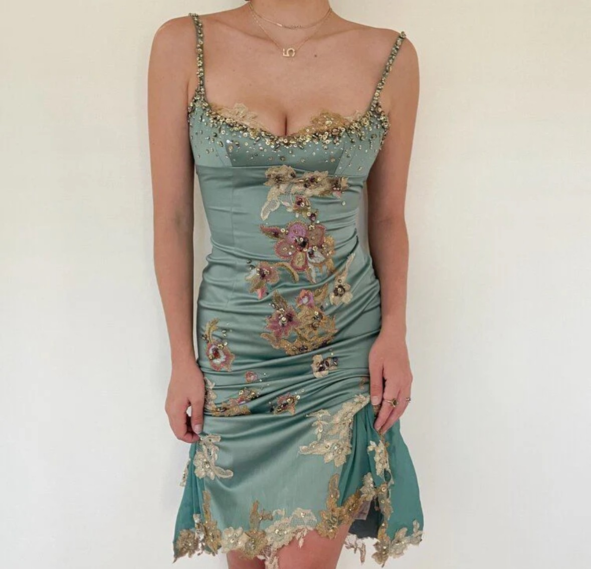 Dusty Teal Satin Short Prom Dress, Beaded Spaghetti Straps, Lace Trim V‑Bodice, Colorful Floral Lace Applique, Ruched Fitted Midi Evening Gown gh8618