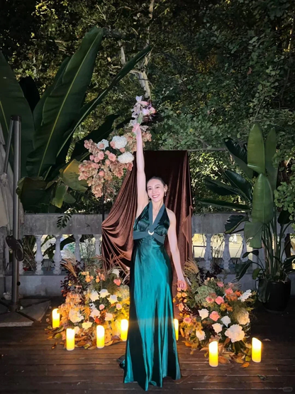 Dark Green Satin Halter Long Evening Gown Open Back Metal Ring Prom Dress gh9852