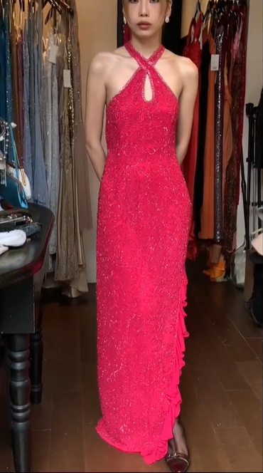 Crisscross Halter Fuchsia Prom Dress Keyhole Cutout Allover Beaded Sequin Side Ruffle Formal Evening Gown gh9808