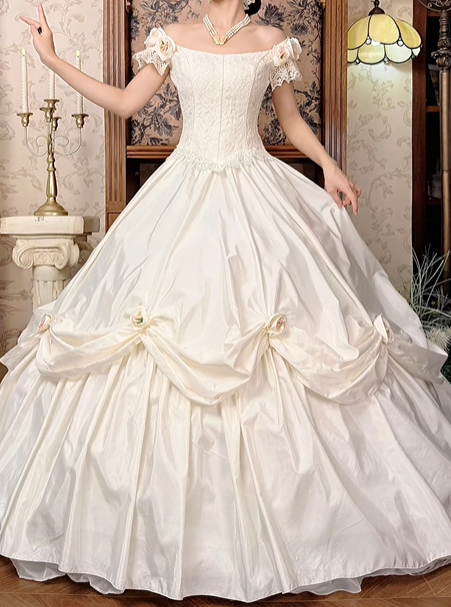 Off‑White Off‑the‑Shoulder Fitted Waist Lace Figure‑Flattering Elegant Voluminous Princess Skirt Long Prom Gown, Wedding Dress gh8602