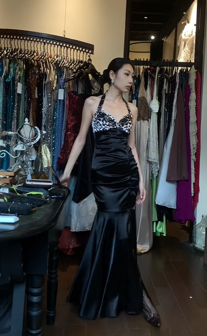Halter Neck Leopard Print Black Satin Mermaid Evening Gown Ruched Long Prom Dress gh9678