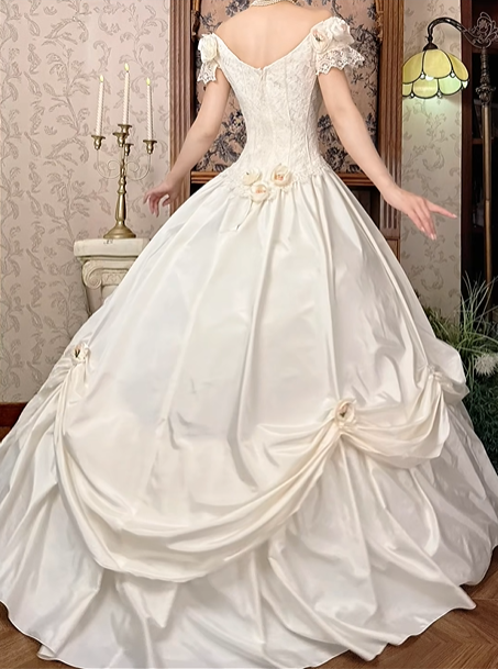 Off‑White Off‑the‑Shoulder Fitted Waist Lace Figure‑Flattering Elegant Voluminous Princess Skirt Long Prom Gown, Wedding Dress gh8602