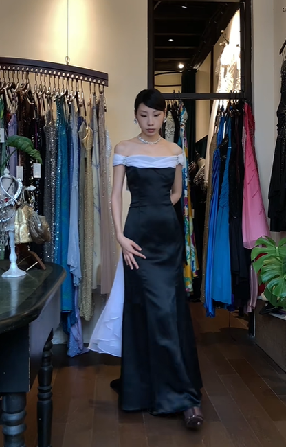 Black White Off Shoulder Long Formal Gown Satin Mermaid Evening Dress gh9645