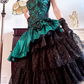 Peacock‑Green‑Vintage Spaghetti‑Strap‑Sweetheart Green‑Black‑Lace‑Bodice Asymmetric‑Contrast‑Layered‑Skirt Glossy‑Green‑Ruffle Multi‑Tier‑Black‑Lace‑Midi Evening Prom Gown gh8819