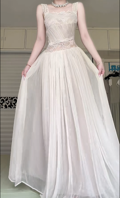 Ivory Vintage Sleeveless Long Prom Gown, Square Neck Lace Cutout Waist Pleated Chiffon A‑Line Evening Dress for Wedding Party gh8958
