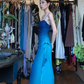 Blue Ombre Spaghetti Strap Long Formal Gown Hand Beaded Ruffle Bow Evening Dress gh9651